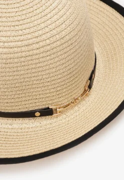 Jasnobeżowy Pleciony Kapelusz z Ozdobnym Paskiem Fluzia