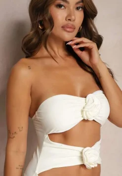 Jasnobeżowy Strój Kąpielowy Jednoczęściowy z Usztywnionymi Miseczkami Kwiatami 3D i Wycięciami Irisfay