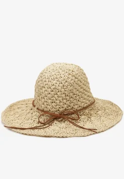 Jasnobeżowy Szeroki Casualowy Kapelusz z Plecionki Ozdobiony Sznurkiem Nohsi