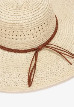 Jasnobeżowy Szeroki Kapelusz z Plecionki z Dodatkowymi Rzemykami Dorinemia