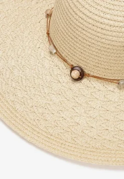 Jasnobeżowy Szeroki Kapelusz Pleciony ze Sznurkiem z Kamyczkami Chira