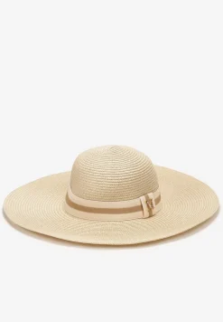 Jasnobeżowy Szeroki Kapelusz Słomiany z Ozdobą w Cyrkonie Jazzed