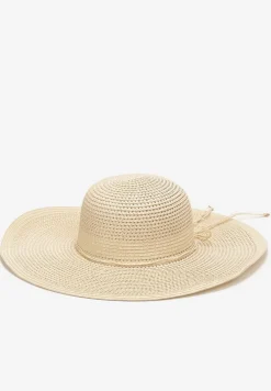 Jasnobeżowy Szeroki Kapelusz z Plecionki Ozdobiony Wiązaniem Anothy