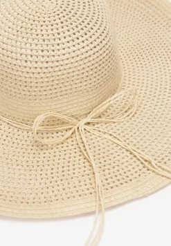 Jasnobeżowy Szeroki Kapelusz z Plecionki Ozdobiony Wiązaniem Anothy