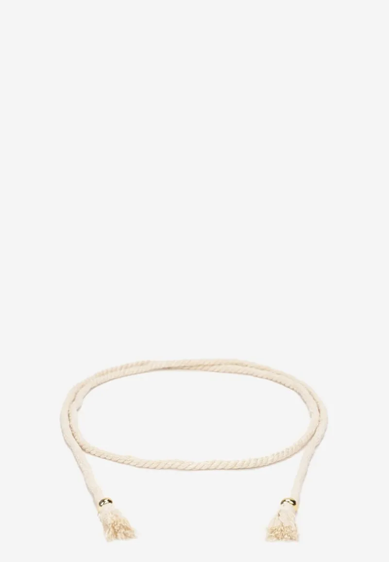 Jasnobeżowy Wiązany Pasek z Plecionego Materiału z Chwostami