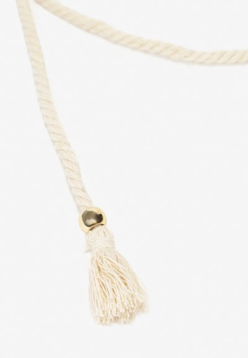 Jasnobeżowy Wiązany Pasek z Plecionego Materiału z Chwostami