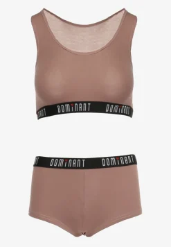 Jasnobrązowy Komplet Bawełniany Sportowy Biustonosz i Stringi oraz Szorty Elmera
