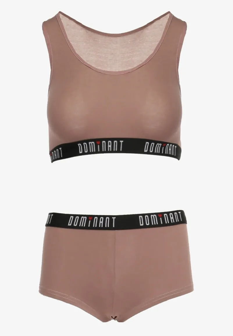 Jasnobrązowy Komplet Bawełniany Sportowy Biustonosz i Stringi oraz Szorty Elmera