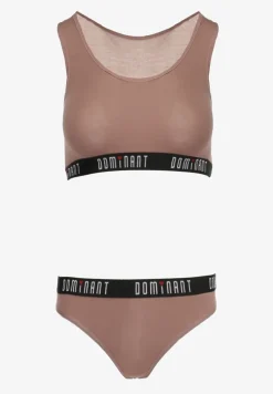 Jasnobrązowy Komplet Bawełniany Sportowy Biustonosz i Stringi oraz Szorty Elmera