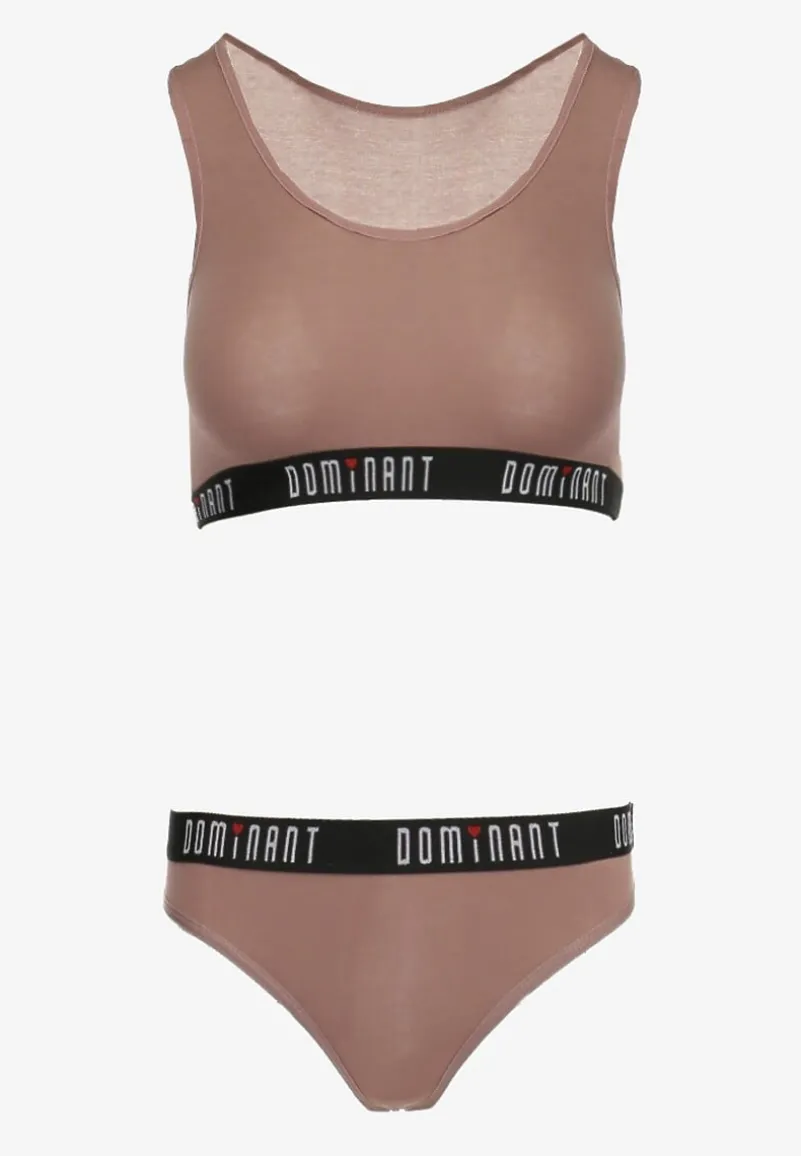 Jasnobrązowy Komplet Bawełniany Sportowy Biustonosz i Stringi oraz Szorty Elmera