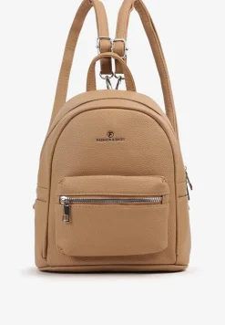 Jasnobrązowy Mały Plecak z Kieszonką na Suwak i Ozdobnymi Napisami Iottasa