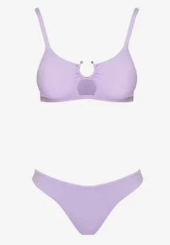 Jasnofioletowe Bikini Nieodpinany Biustonosz z Usztywnianymi Miseczkami i Klamerką przy Dekolcie na Regulowanych Ramiączkach Majtki z Elastyczną Gumką w Pasie Kiaramarie