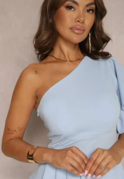 Jasnoniebieska Asymetryczna Sukienka Wieczorowa na Jedno Ramię Ozdobiona Falbankami Vimasira