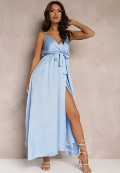 Jasnoniebieska Koktajlowa Sukienka z Gumką w Pasie na Regulowanych Ramiączkach Anajane