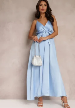 Jasnoniebieska Koktajlowa Sukienka z Gumką w Pasie na Regulowanych Ramiączkach Anajane
