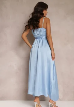 Jasnoniebieska Koktajlowa Sukienka z Gumką w Pasie na Regulowanych Ramiączkach Anajane