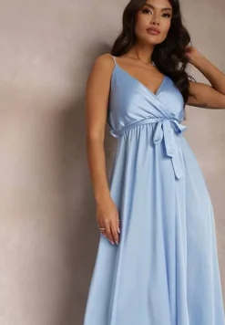 Jasnoniebieska Koktajlowa Sukienka z Gumką w Pasie na Regulowanych Ramiączkach Anajane