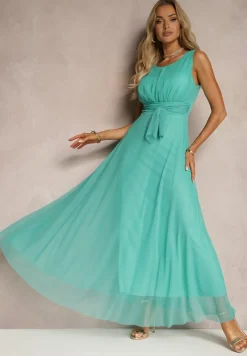 Jasnoniebieska Koktajlowa Sukienka z Tiulowym Dołem Bez Rękawów Elastar