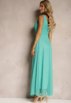 Jasnoniebieska Koktajlowa Sukienka z Tiulowym Dołem Bez Rękawów Elastar