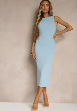 Jasnoniebieska Ołówkowa Sukienka Bez Rękawów z Wiskozą Zdobiona Rozcięciem z Tyłu Fonama