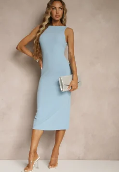 Jasnoniebieska Ołówkowa Sukienka Bez Rękawów z Wiskozą Zdobiona Rozcięciem z Tyłu Fonama