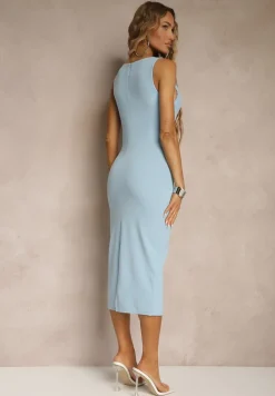 Jasnoniebieska Ołówkowa Sukienka Bez Rękawów z Wiskozą Zdobiona Rozcięciem z Tyłu Fonama