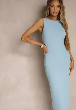 Jasnoniebieska Ołówkowa Sukienka Bez Rękawów z Wiskozą Zdobiona Rozcięciem z Tyłu Fonama