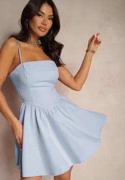 Jasnoniebieska Rozkloszowana Sukienka z Gorsetową Górą na Ramiączkach Leannith