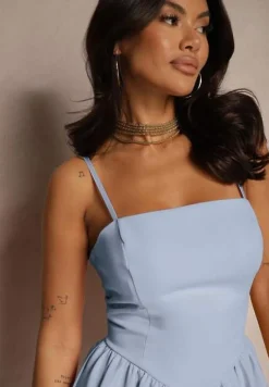 Jasnoniebieska Rozkloszowana Sukienka z Gorsetową Górą na Ramiączkach Leannith