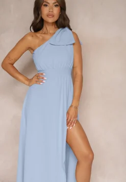 Jasnoniebieska Sukienka Koktajlowa o Asymetrycznym Kroju na Jedno Ramię Ozdobiona Kokardą Vimorissa