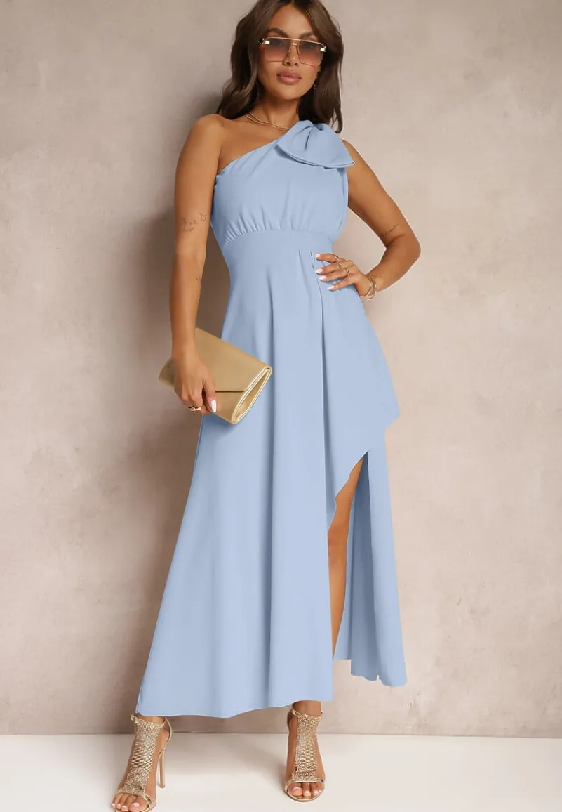 Jasnoniebieska Sukienka Koktajlowa o Asymetrycznym Kroju na Jedno Ramię Ozdobiona Kokardą Vimorissa
