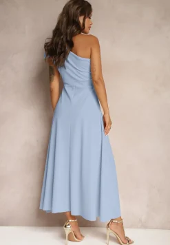 Jasnoniebieska Sukienka Koktajlowa o Asymetrycznym Kroju na Jedno Ramię Ozdobiona Kokardą Vimorissa