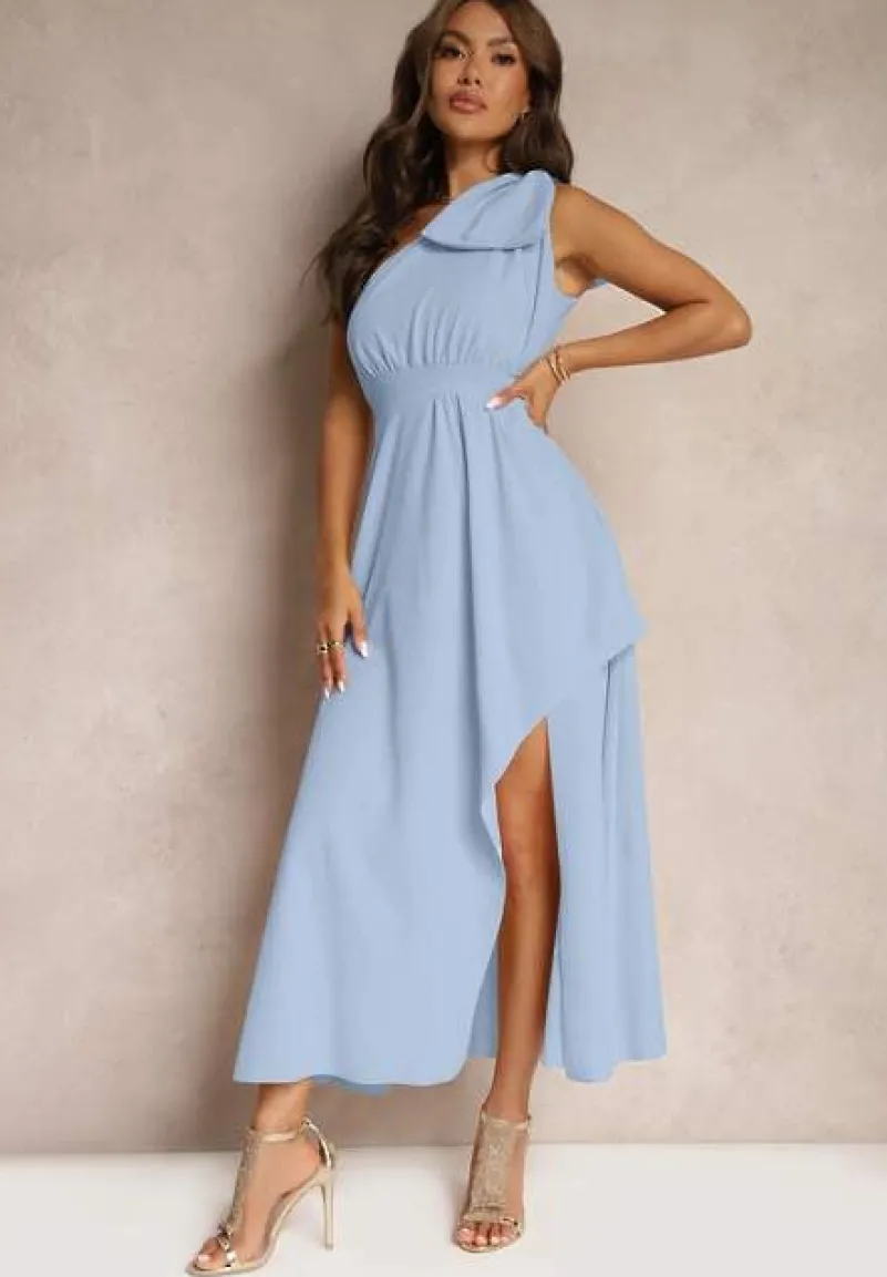 Jasnoniebieska Sukienka Koktajlowa o Asymetrycznym Kroju na Jedno Ramię Ozdobiona Kokardą Vimorissa