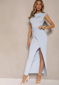 Jasnoniebieska Sukienka Koktajlowa Ozdobiona Marszczeniem Novalina