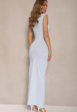 Jasnoniebieska Sukienka Koktajlowa Ozdobiona Marszczeniem Novalina