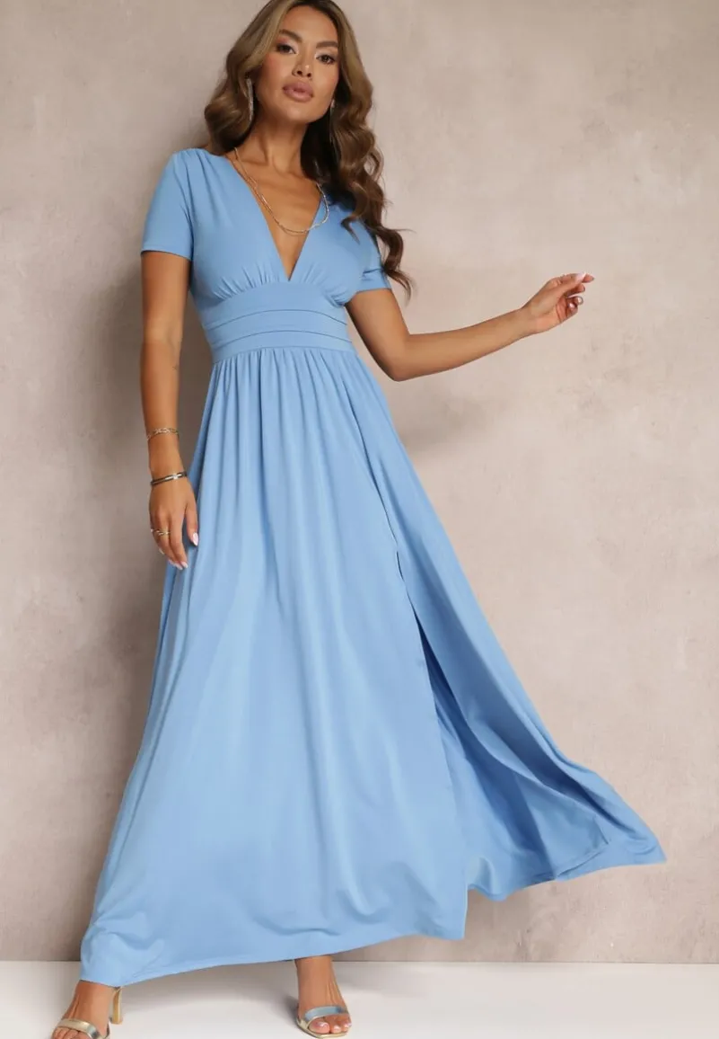 Jasnoniebieska Sukienka Maxi z Rozkloszowanym Dołem i Rozcięciem Zarya