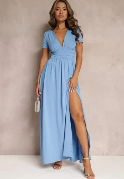 Jasnoniebieska Sukienka Maxi z Rozkloszowanym Dołem i Rozcięciem Zarya