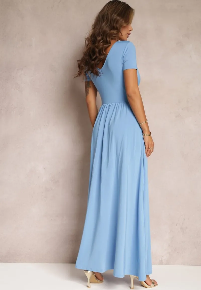 Jasnoniebieska Sukienka Maxi z Rozkloszowanym Dołem i Rozcięciem Zarya