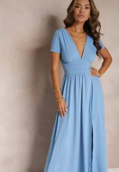 Jasnoniebieska Sukienka Maxi z Rozkloszowanym Dołem i Rozcięciem Zarya