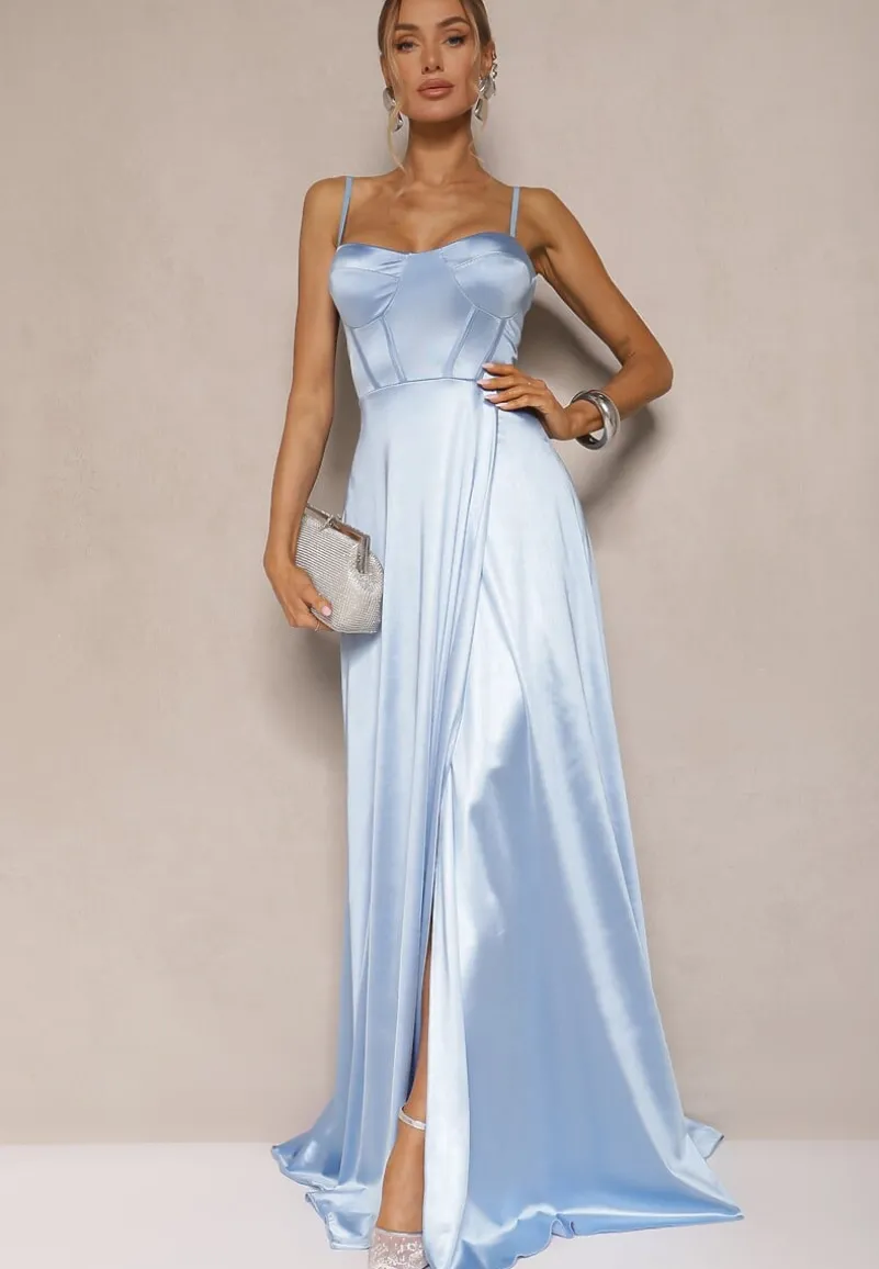 Jasnoniebieska Sukienka na Ramiączkach o Rozkloszowanym Kroju z Wiązaniem na Plecach Katirione