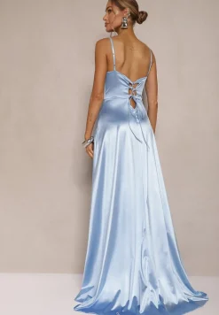 Jasnoniebieska Sukienka na Ramiączkach o Rozkloszowanym Kroju z Wiązaniem na Plecach Katirione