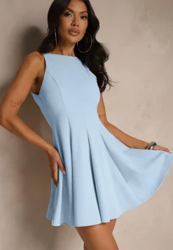 Jasnoniebieska Sukienka z Wiskozą o Rozkloszowanym Kroju Miliviela