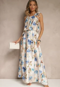 Jasnoniebieska Sukienka z Satyny w Kwiatowy Wzór Fenimea