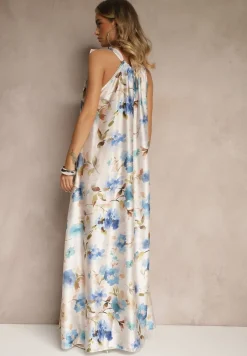 Jasnoniebieska Sukienka z Satyny w Kwiatowy Wzór Fenimea