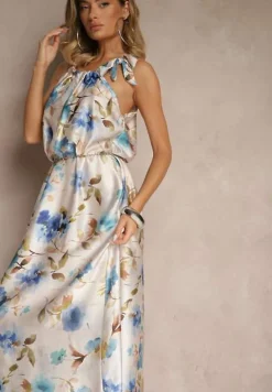 Jasnoniebieska Sukienka z Satyny w Kwiatowy Wzór Fenimea