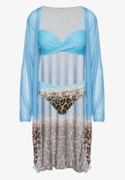 Jasnoniebieski Komplet Bikini Majtki Figi Biustonosz i Narzutka w Panterkę Paselina