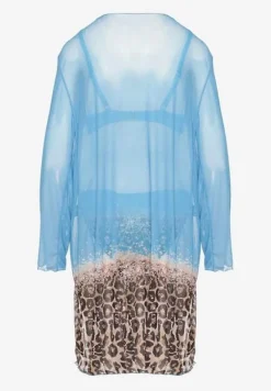 Jasnoniebieski Komplet Bikini Majtki Figi Biustonosz i Narzutka w Panterkę Paselina