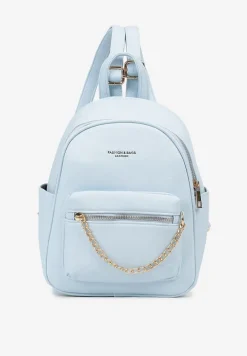 Jasnoniebieski Plecak na Szelkach z Regulacjach Ozdobione Łańcuszkiem i Napisami Hettana