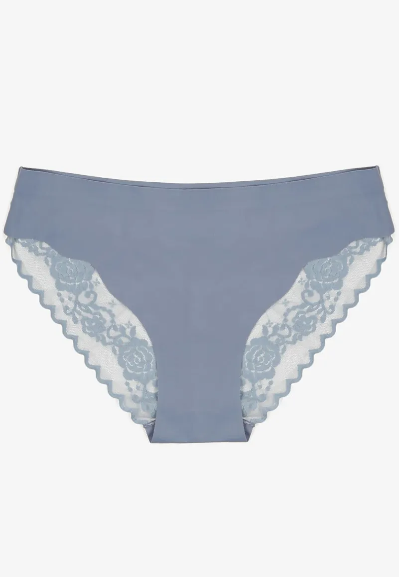 Jasnoniebieskie Bezszwowe Majtki o Kroju Fig z Koronką Zeiarae
