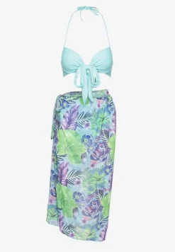 Jasnoniebieskie Bikini Majtki Figi Biustonosz z Wiązaniem i Kwiatowe Pareo Folanira